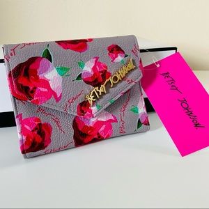 New Betsy Johnson Grey floral flap wallet